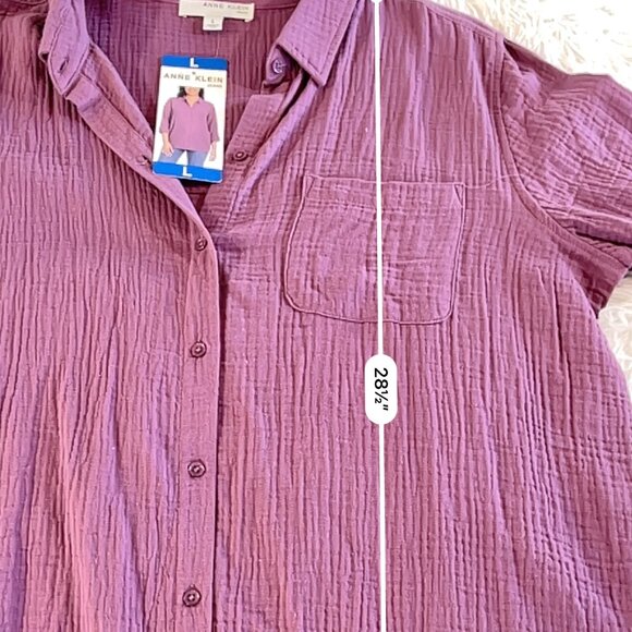 Women’s Anne Klein Purple Crinkle Button Down Shirt L - Picture 8 of 10